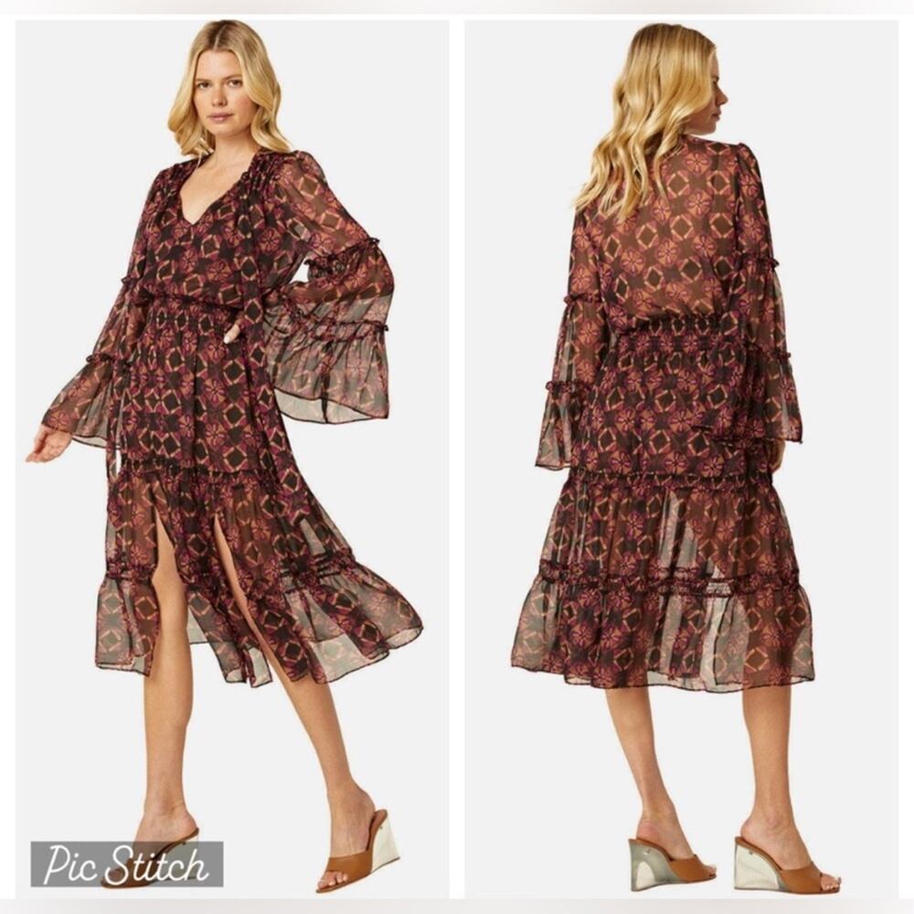Misa Los Angeles Celeste Shibori Prism‎ Midi Dress Women Small NWT Flare Sleeve